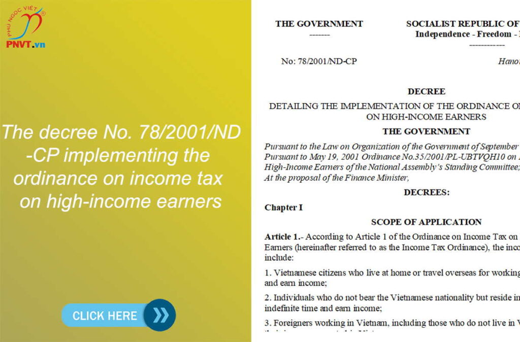 The decree No. 78/2001/ND-CP implementing the ordinance on income tax on high-income earners
