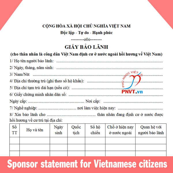 sponsor statement for vietnamese citizens stayding aboard for returning vietnam