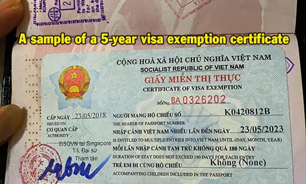 sample of a 5-year visa exemption certificate